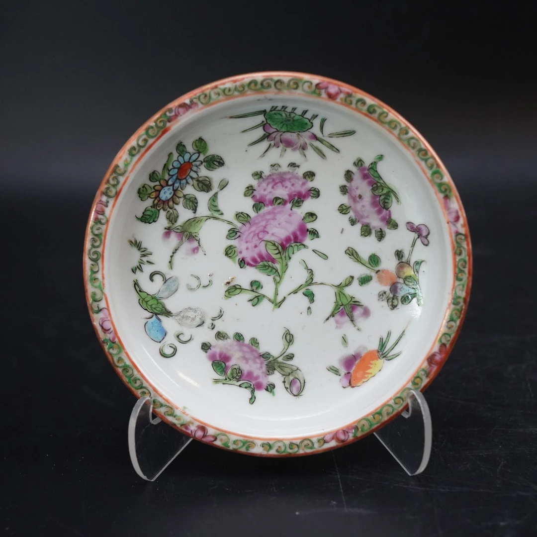 Lot.25110023清道光广彩花卉纹盆托 直径：约13.2cm