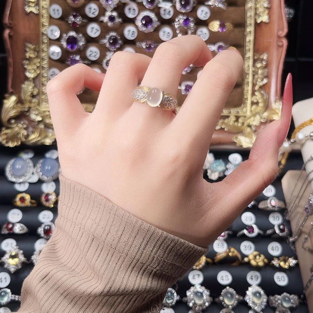 银S925镶嵌蛇纹石玉戒指