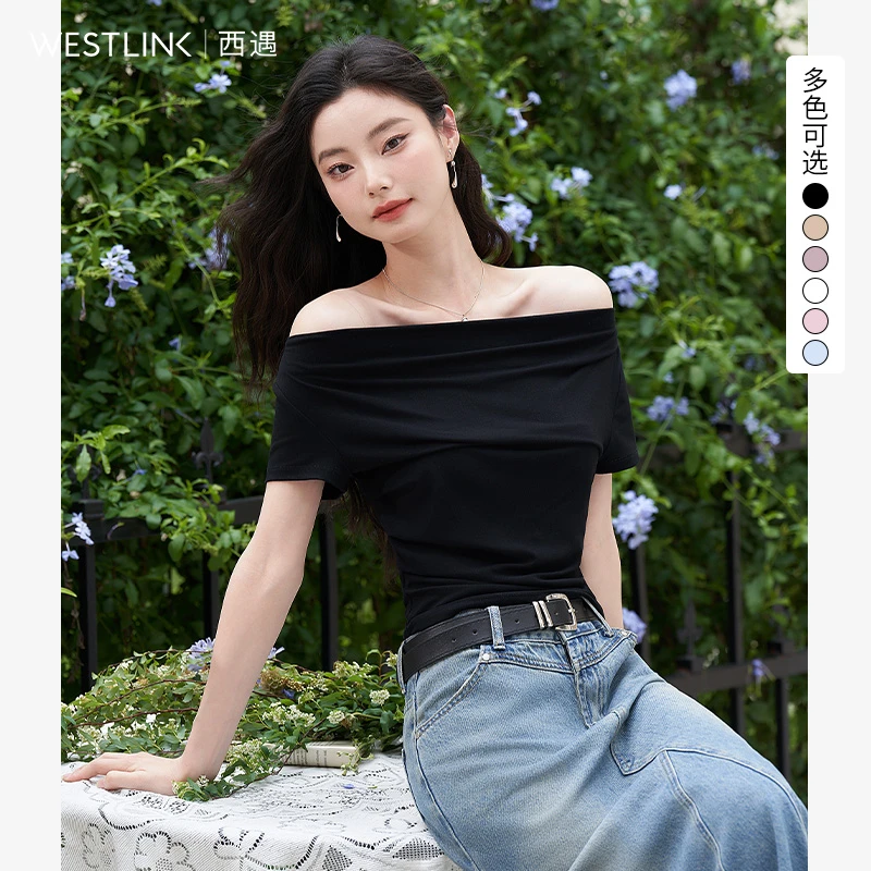 0562西遇一字肩短袖上衣女2024夏季新款大领口显瘦短款正肩t恤