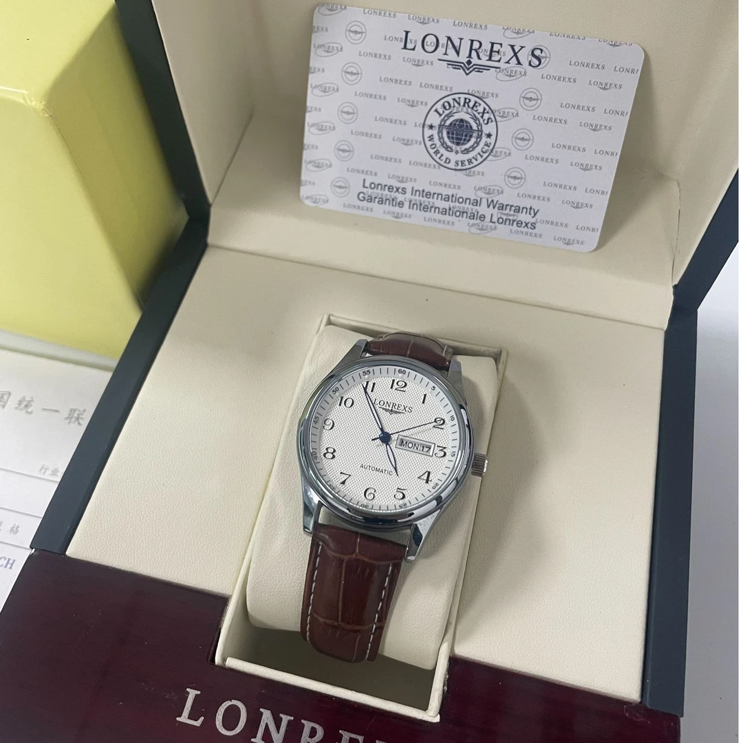 LONREXS/名匠双日历棕色皮带蝴蝶扣/表径41mm男士经典全自动腕表