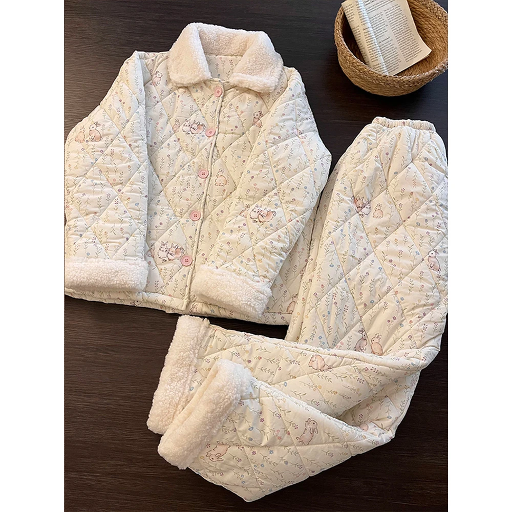韩版兔子碎花夹棉睡衣女秋冬新款加厚翻领开衫外套保暖家居服套装