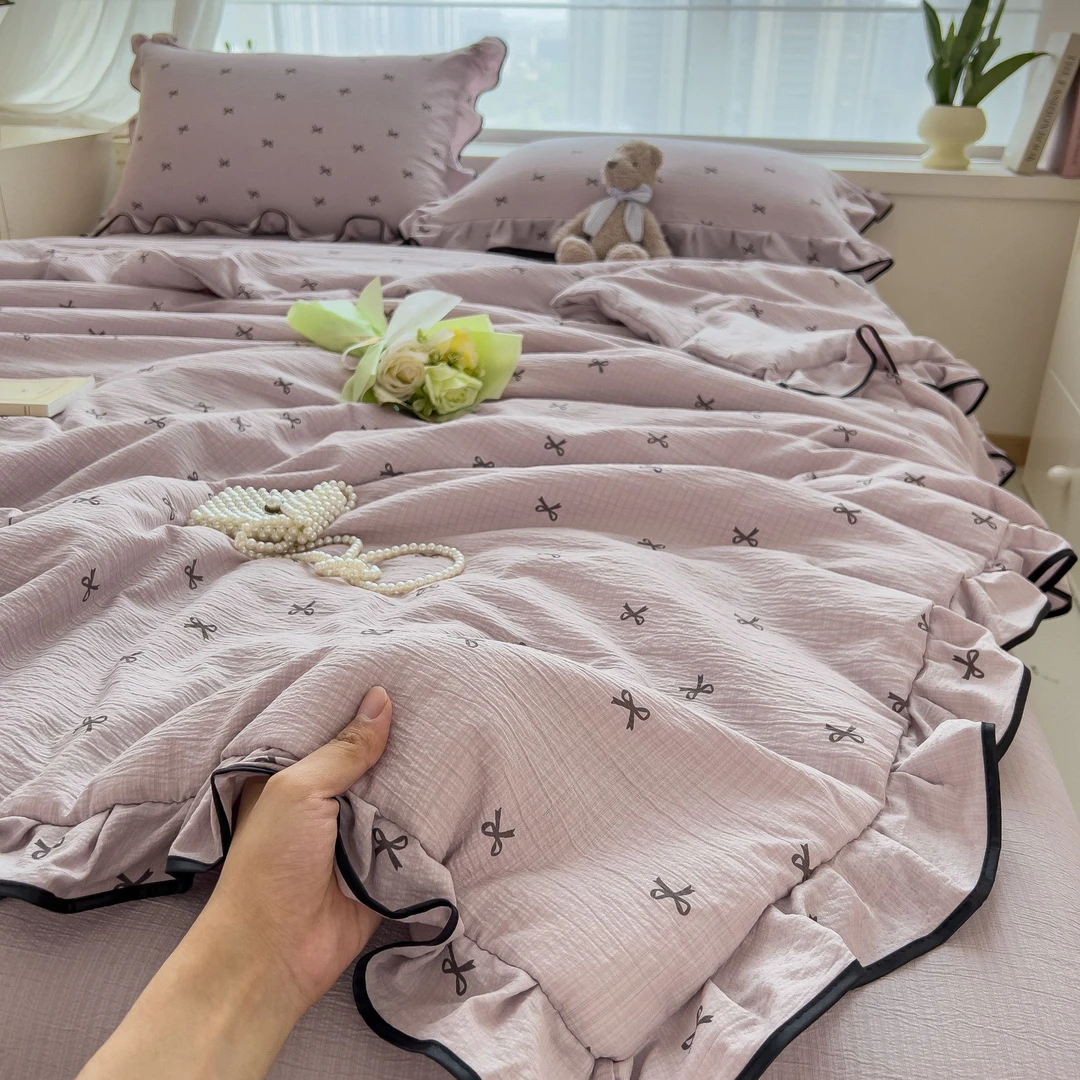 【夏被四件套】小清新荷叶边皱皱纱床单超柔软单夏凉被空调被薄被子