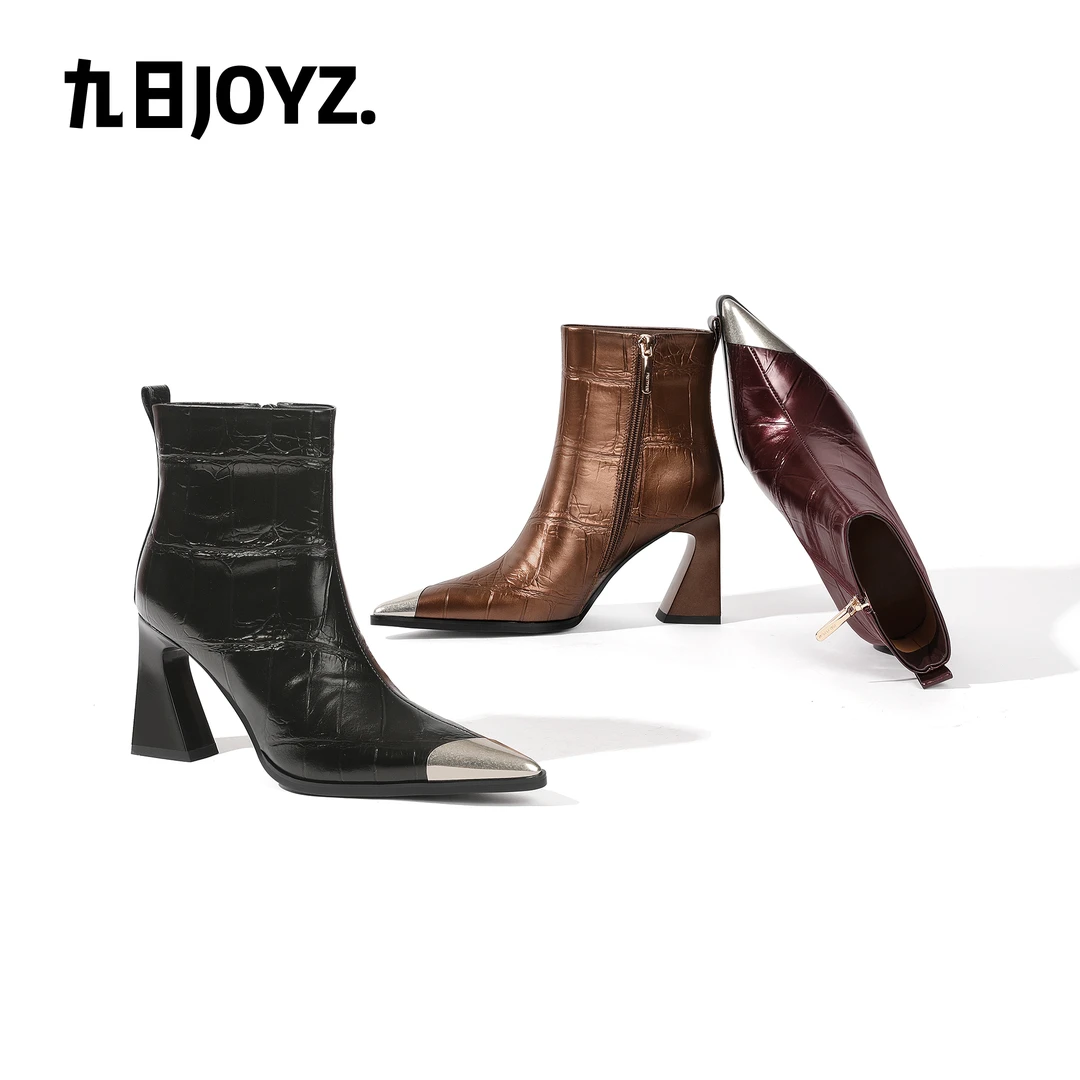 【跟高7cm】2025秋冬新款尖头粗跟高跟短靴单里绒里时尚简约女鞋