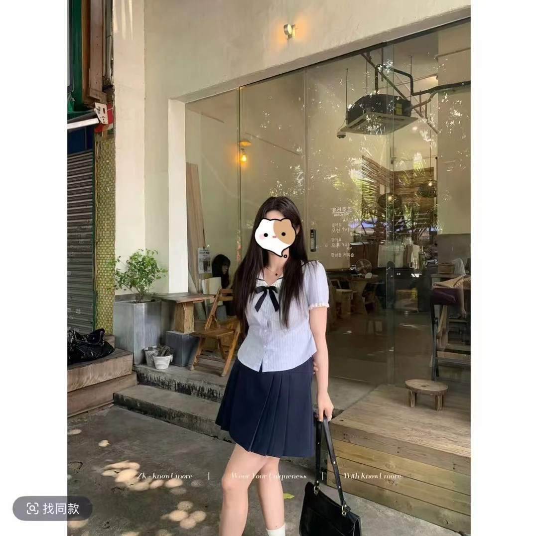 微胖mm学院风海军领短袖+半身裙夏季新款减龄穿搭时尚气质两件套