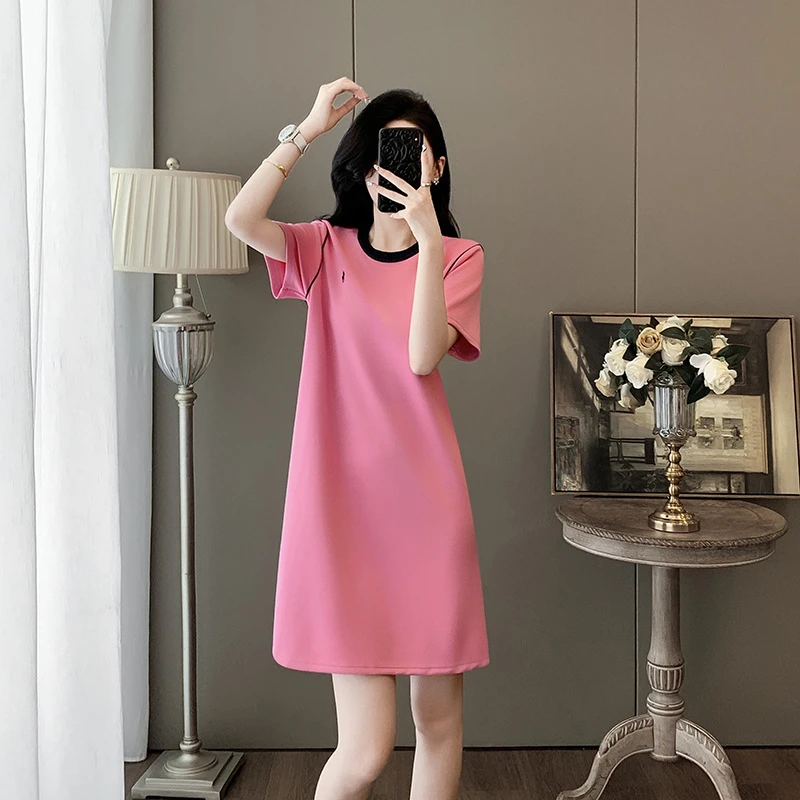 粉色夏季新款宽松气质圆领显瘦连衣裙时尚韩版减龄夏装休闲裙子