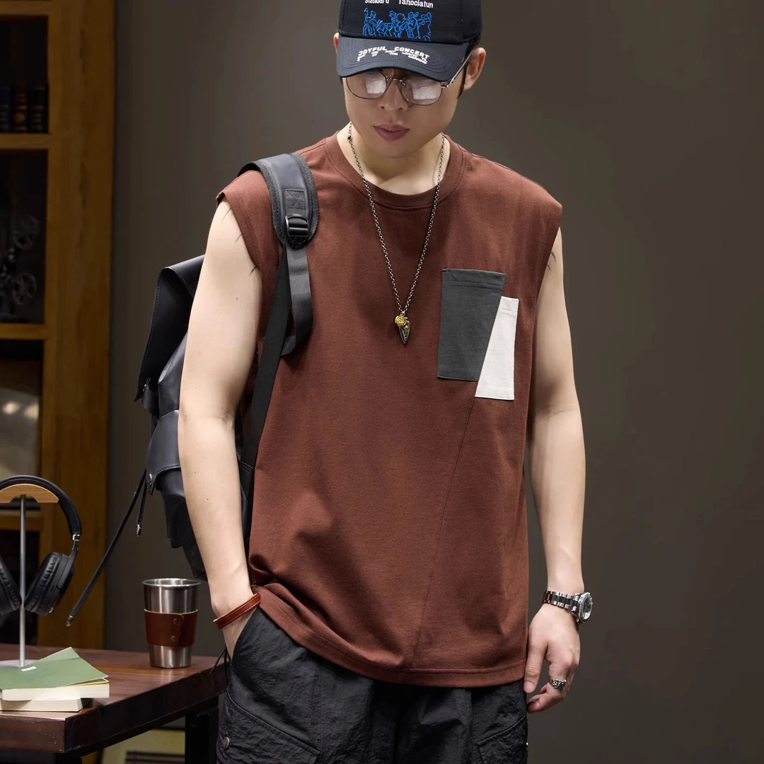 美式复古纯棉无袖背心T恤男士夏季宽松潮牌拼接撞色休闲运动坎肩