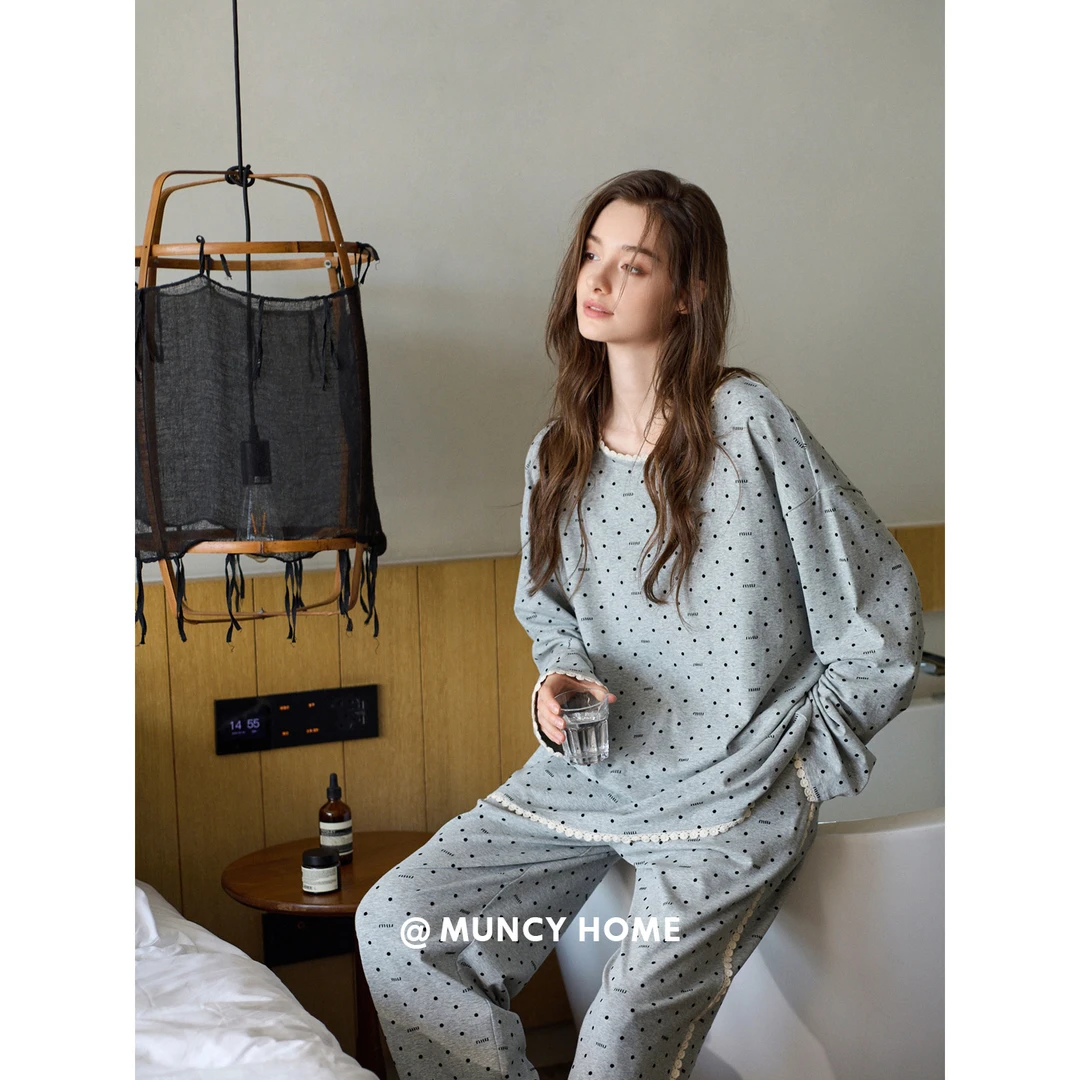 曼系“慵懒简行”柔软棉套头睡衣女春秋韩系宽松显瘦圆点字母套装