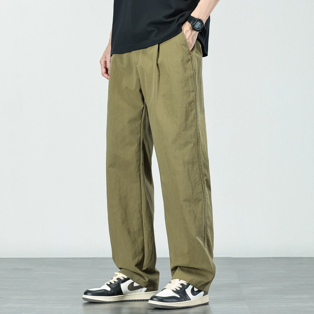 2025夏季薄款冰丝速干休闲裤男士宽松直筒复古百搭阔腿长裤子男款