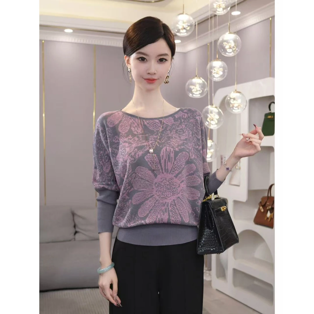 2025秋冬新款【TN-26】莱赛尔长袖圆领灰粉色时尚花朵显瘦针织毛衣