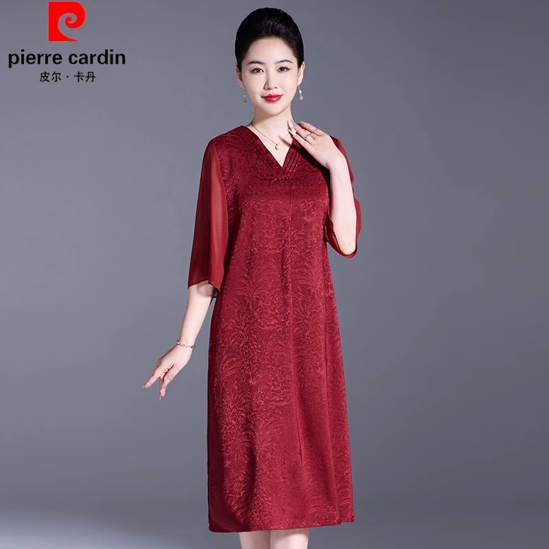 皮尔卡丹洋气夏装连衣裙女2025新款中老年喜婆婆红色高端显瘦裙子