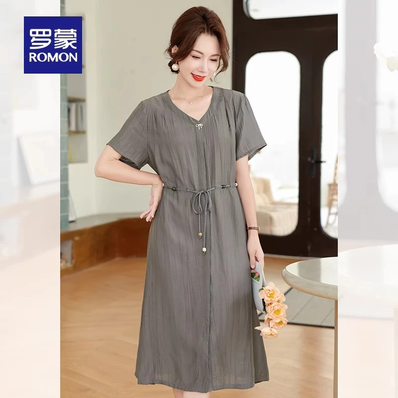 罗蒙妈妈夏装连衣裙洋气收腰显瘦2025新款中老年女士夏季遮肚裙子