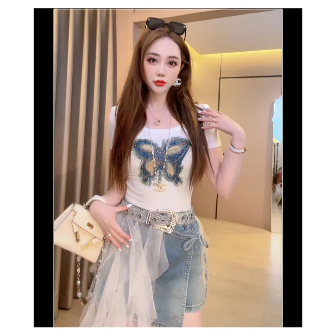 【蝴蝶T恤】重工烫钻立体蝴蝶短袖夏季纯欲修身显瘦上衣