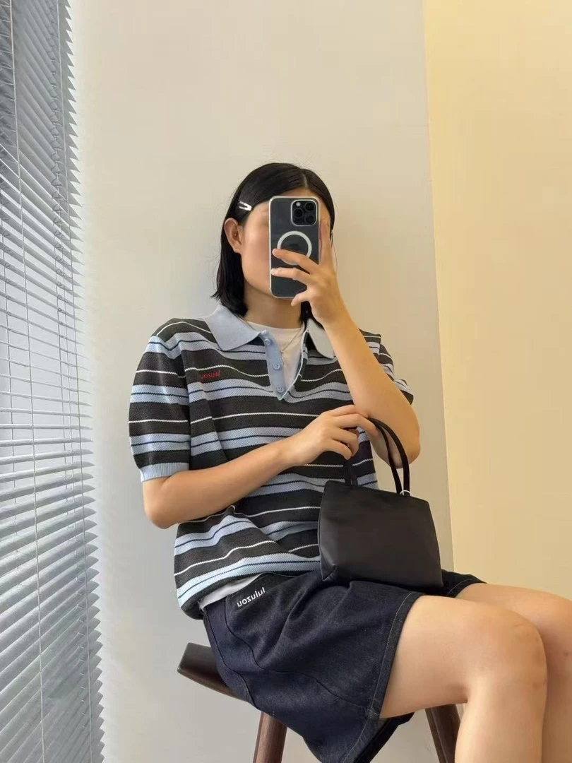Luluzou 运动翻领针织条纹时尚polo短袖韩版落肩袖夏季T恤