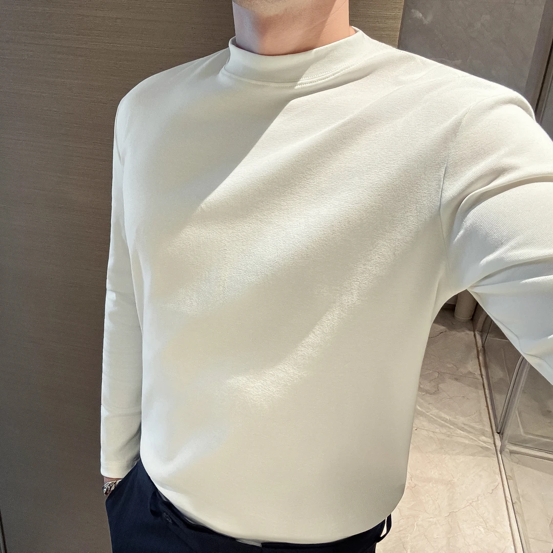 高品质纯色中领秋冬上衣简约长袖修身百搭T恤男士圆领时尚打底衫