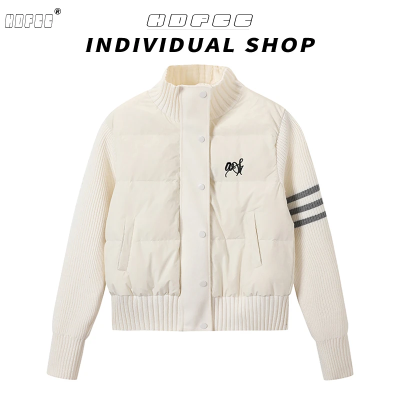 韩版小众针织条纹拼接棉服外套女冬季设计加厚保暖气质百搭短棉衣