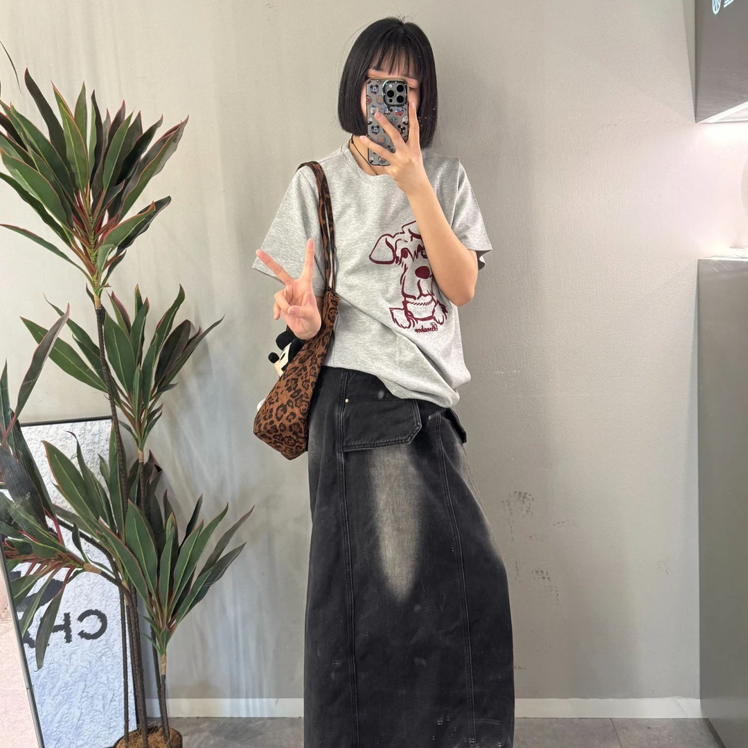 无品牌双面棉时尚小狗图案简约百搭T恤