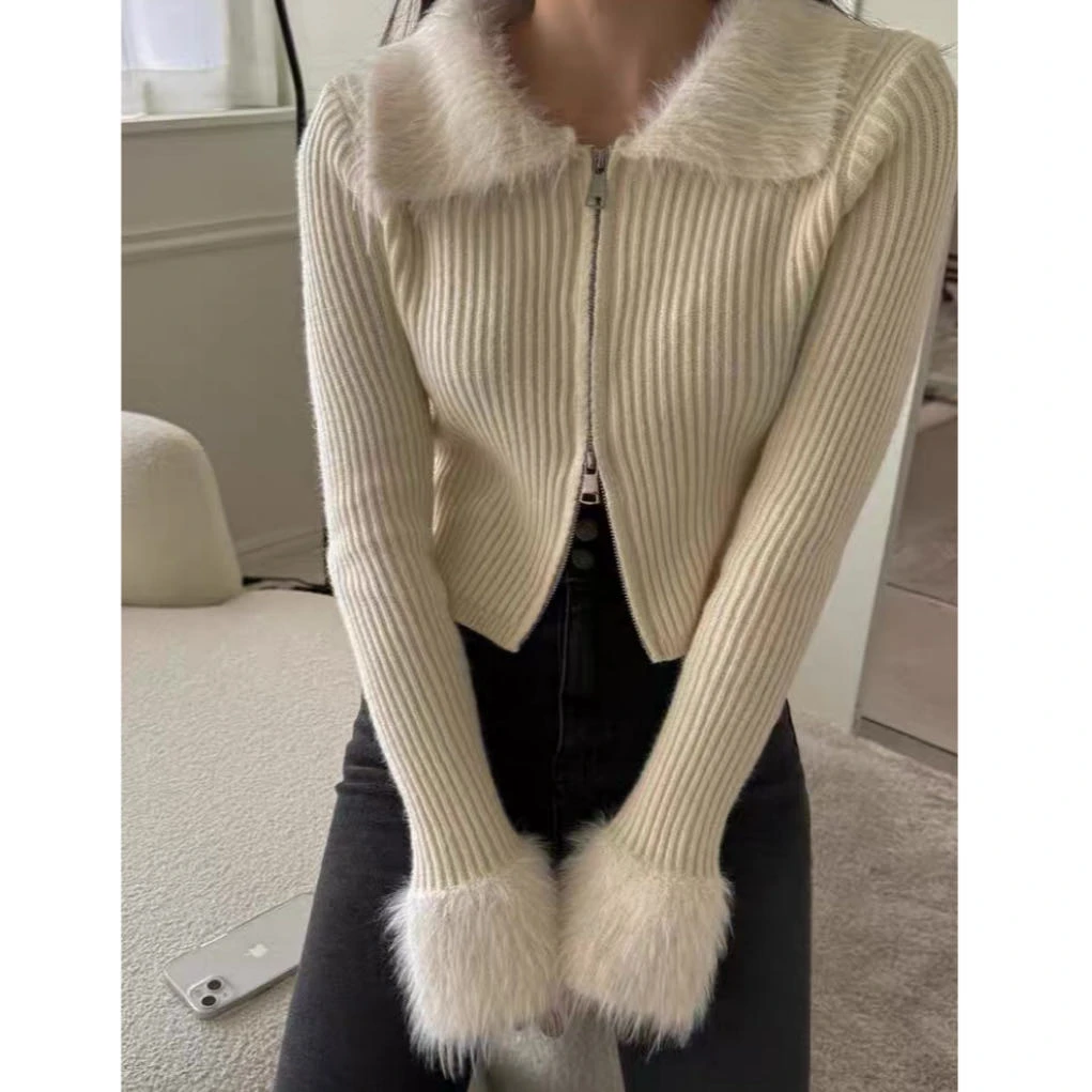 法式翻领别致拼接毛领开衫秋冬新款长袖短款针织女82068#0.1 xp