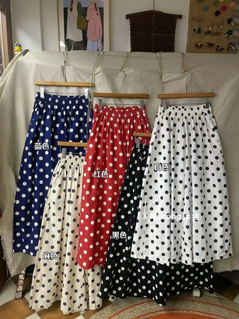 日系 复古A字压褶黑白波点半身裙裤简约时尚百搭