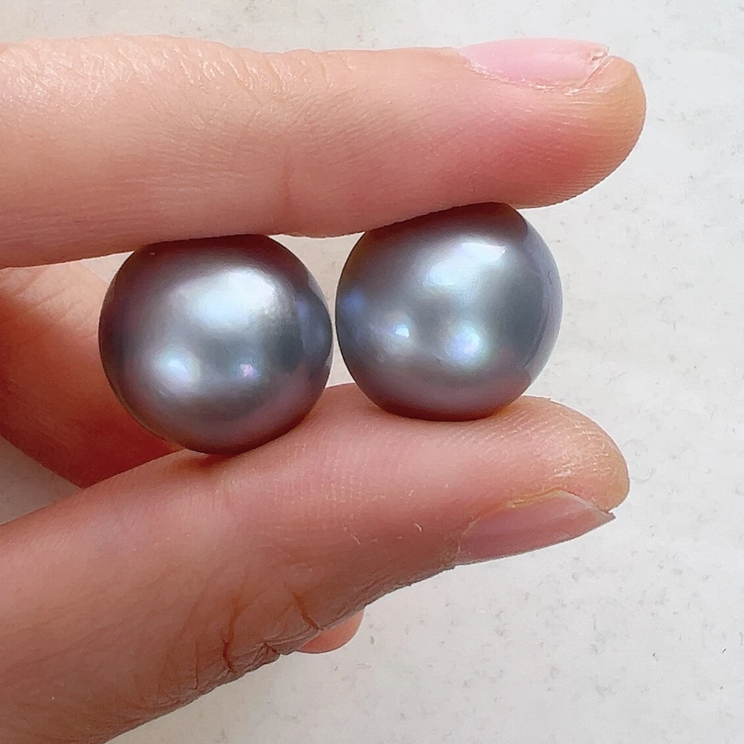 拼合珍珠（马贝珠）耳饰银S925镶嵌光版灰色
