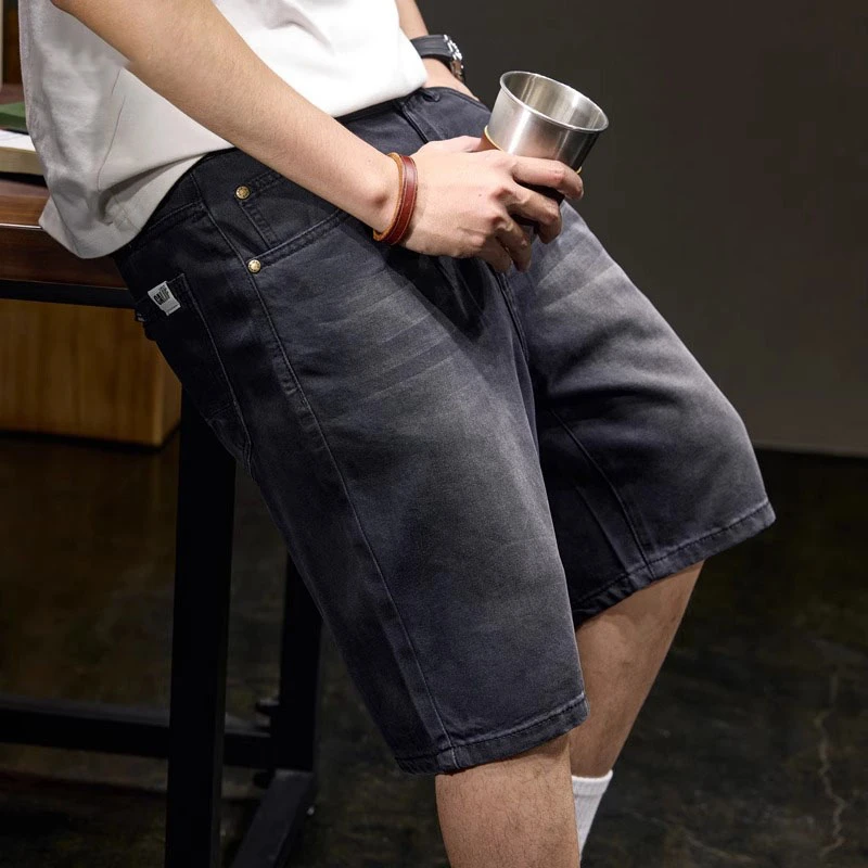 Cebrodz夏季莱赛天丝牛仔短裤男士宽松休闲裤复古水洗做旧五分裤