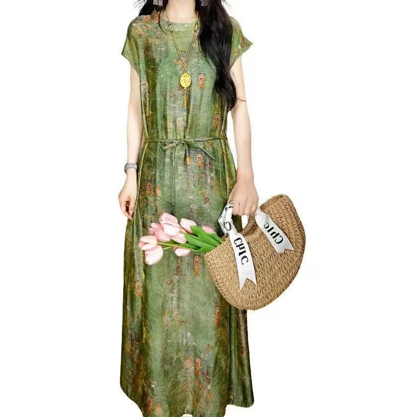 3921#A字裙夏季挂脖式绿菱格连衣裙夏装印花