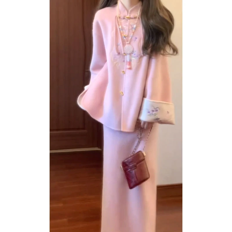 【书卷一梦】新中式国风刺绣双面呢大衣毛呢开衫外套配显瘦半身裙