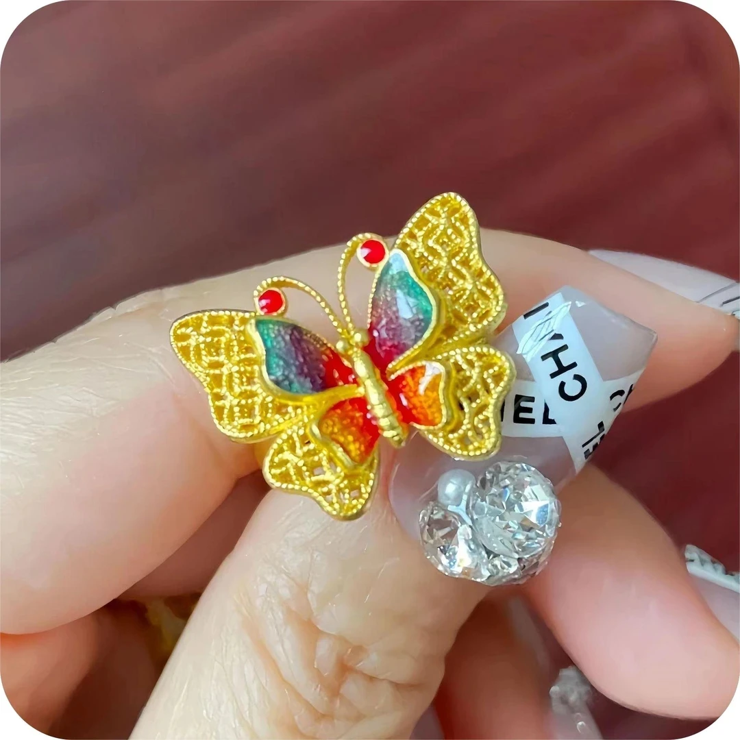 合金戒指 新中式国潮风| 古法珐琅彩镂空花丝五彩蝴蝶戒指时尚