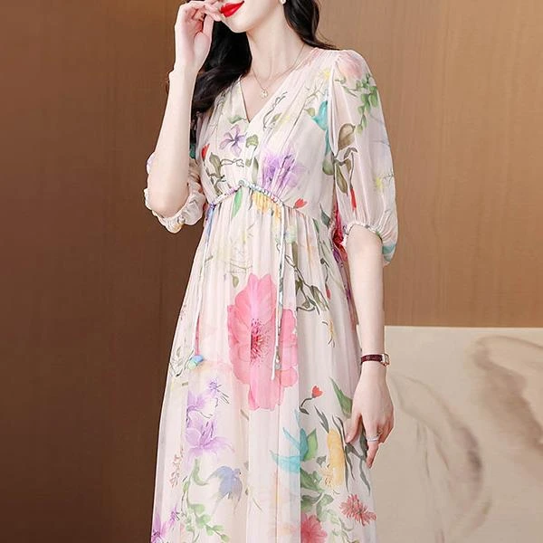 DUCURNO法式碎花连衣裙女夏季2025新款时尚气质修身显瘦中长裙子