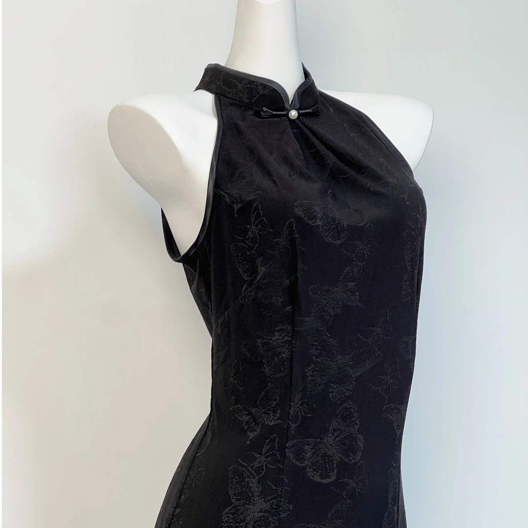 花间【墨蝶】旗袍春夏新款挂脖无袖气质优雅旗袍时尚新中式复古黑色