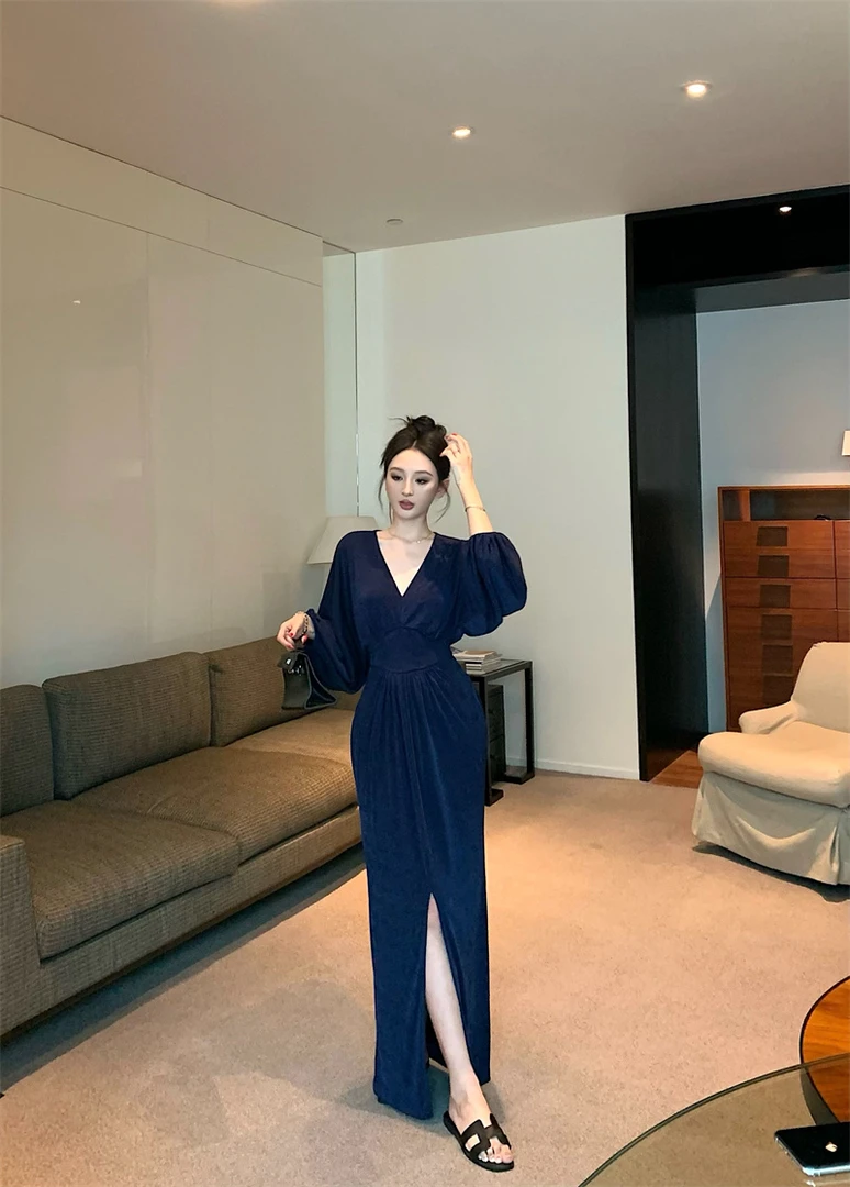 巨好看氛围性感V领收腰开叉连衣裙#22743