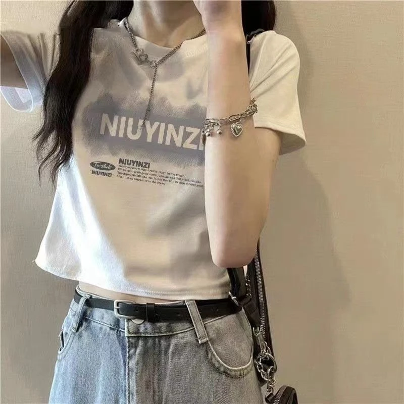 【店铺热销】美式复古bm风字母印花短袖T恤女韩版修身显瘦甜美正肩