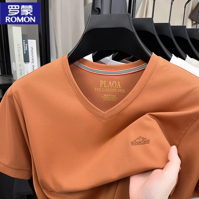 罗蒙v领T恤纯色含桑蚕丝中青年时尚百搭美式短袖t恤男