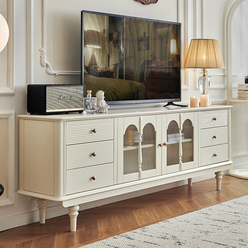法式奶油风实木电视柜白色全原木客厅家用高宽落地式电视机柜家具