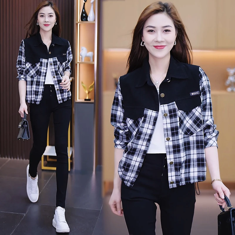 拼接撞色格子秋季新款时尚休闲女短款小个子长袖衬衫式上衣2025年