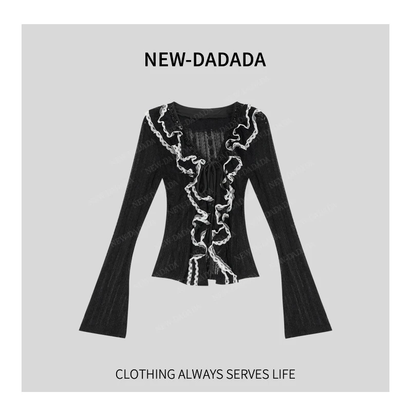 利达NEWDADADA法式蕾丝系带喇叭袖针织衫女打底衫上衣开衫TBC3975