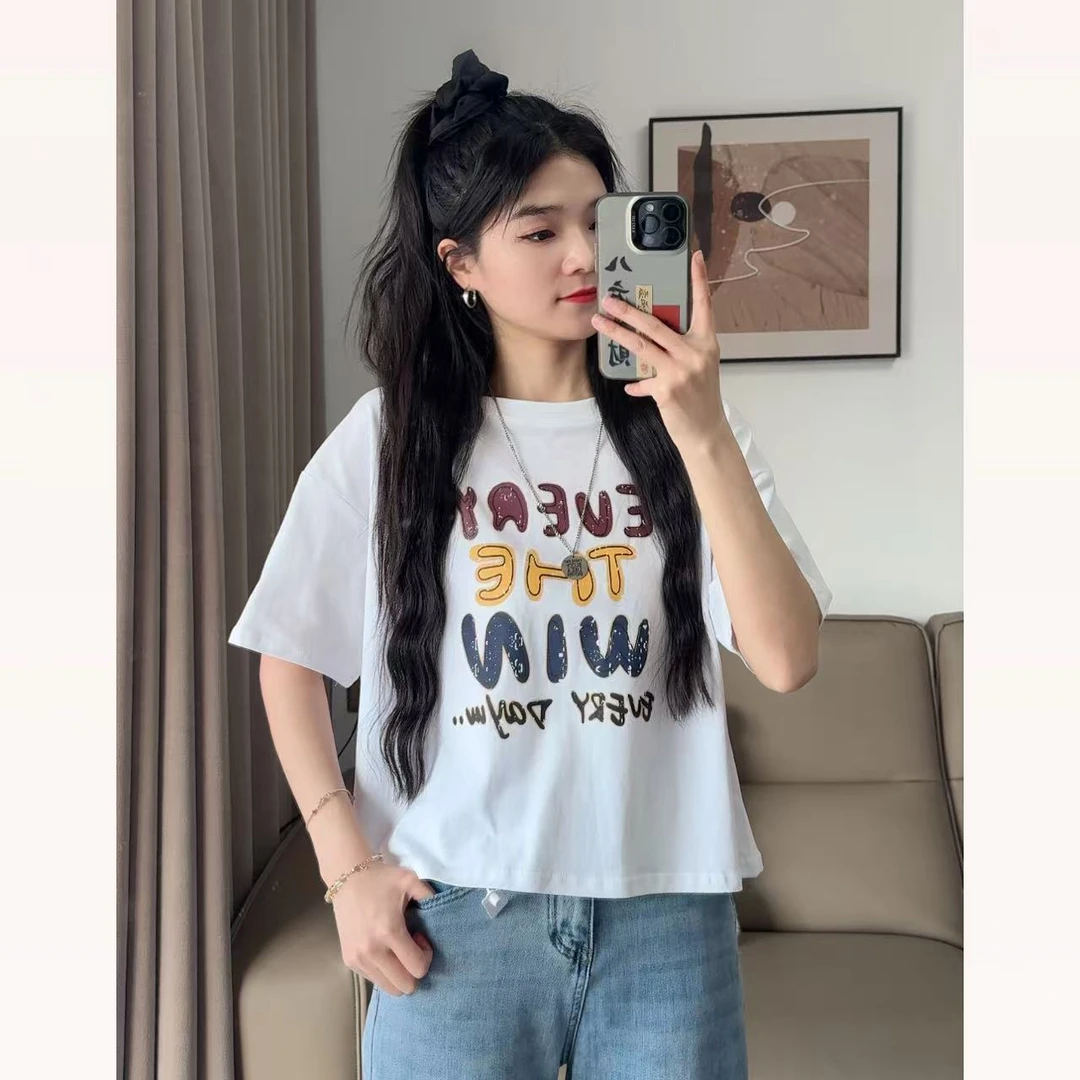【小木南】曼曼夏季新款时尚休闲百搭简约字母印花宽松半袖T恤3306