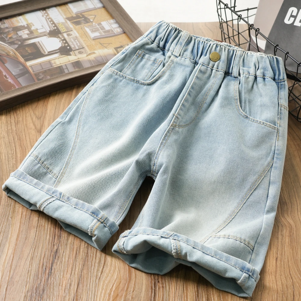 儿童夏季款皮标R刺绣口袋百搭牛仔短裤中大童拼接帅气五分裤S1036