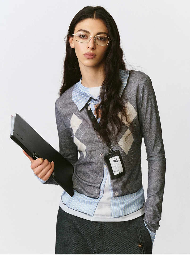 FORDARE 趣味假两件3D印花工牌菱格打底衫