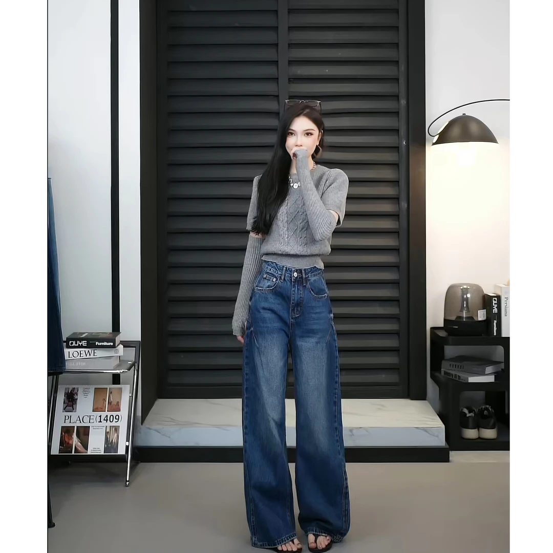 【TO&HR.GIRL】Z7829-秋季显瘦裤子女胖mm大腿粗屁股大阔腿牛仔裤
