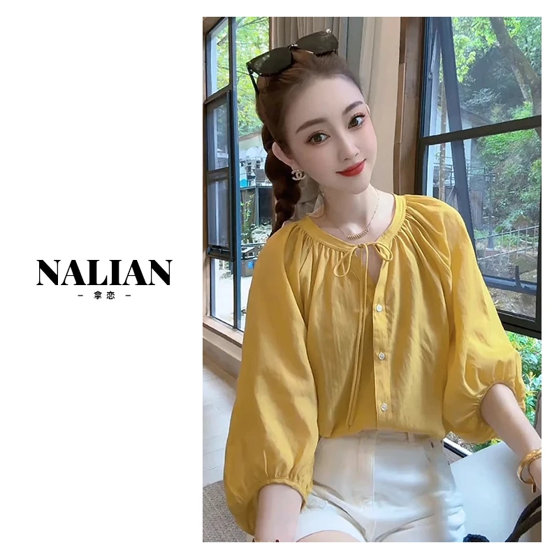 Nalian/拿恋豆子严选-韩版时尚百搭显瘦系带圆领衬衫女   DZ98029