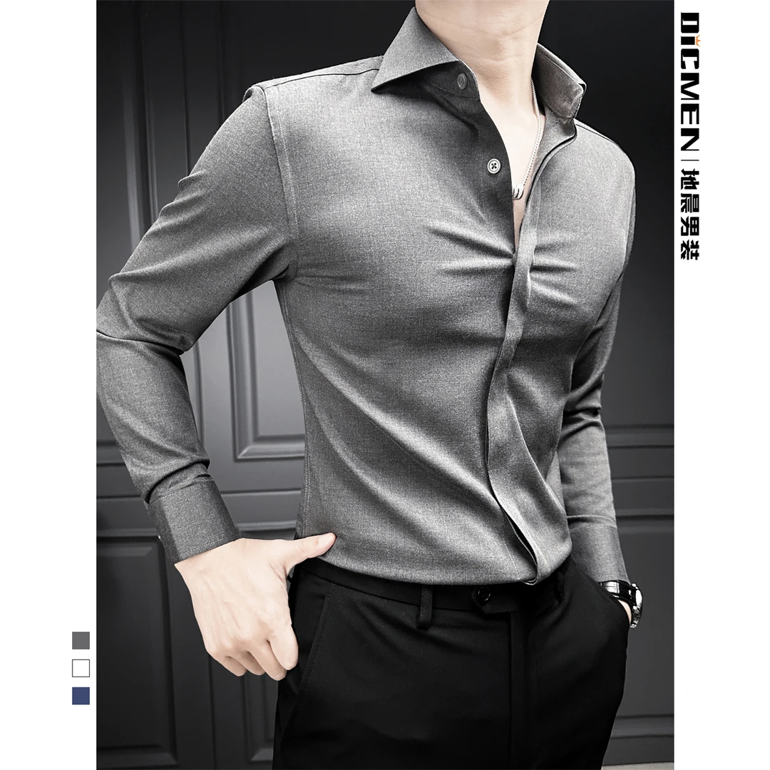 极简风纯色衬衫男款长袖秋季休闲痞帅高级感轻奢白色衬衣男士商务