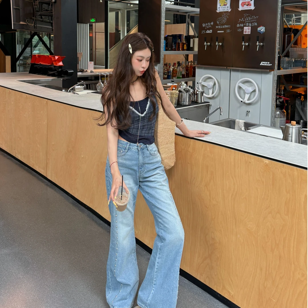 【YKL】香风甜茶 藏蓝格子吊带真两件/蓝色重工柳钉牛仔裤