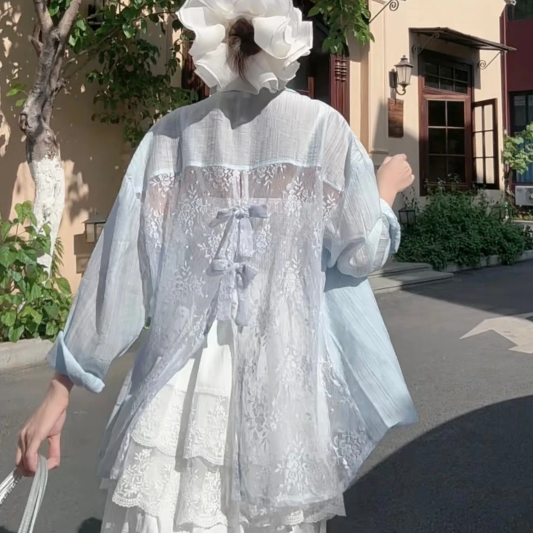 蓝色衬衫女2025新款外套法式上衣气质防晒衫蕾丝长袖温柔风衬衣