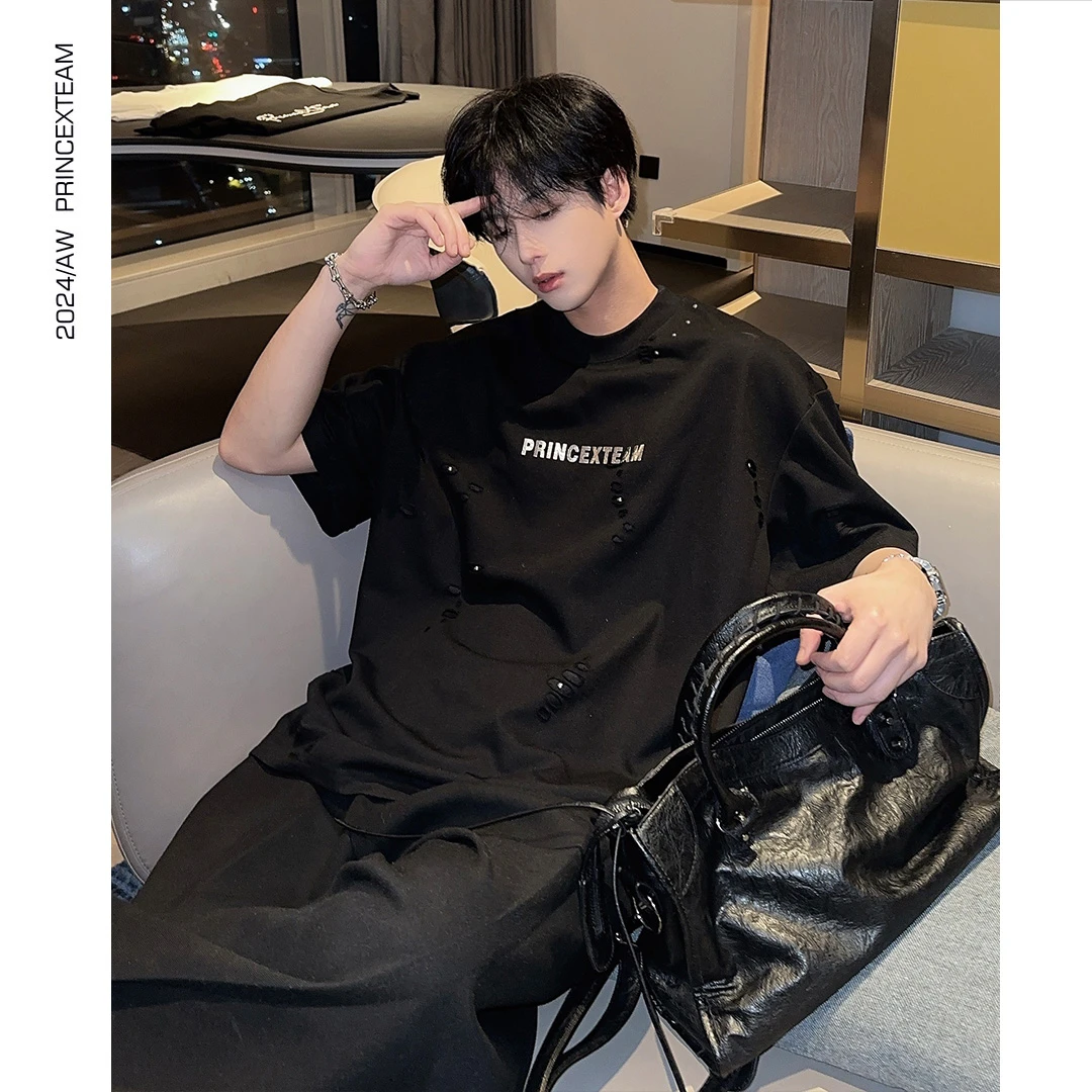 X.T【磨破星球】小众金属烫钻T恤重磅阔版男女潮流高街休闲夏季短袖