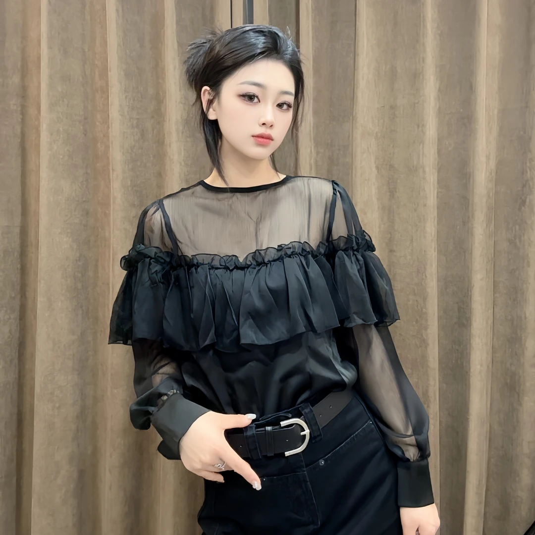 法式气质网纱微透长袖衬衫女2025春季新款荷叶边衬衣显瘦别致上衣