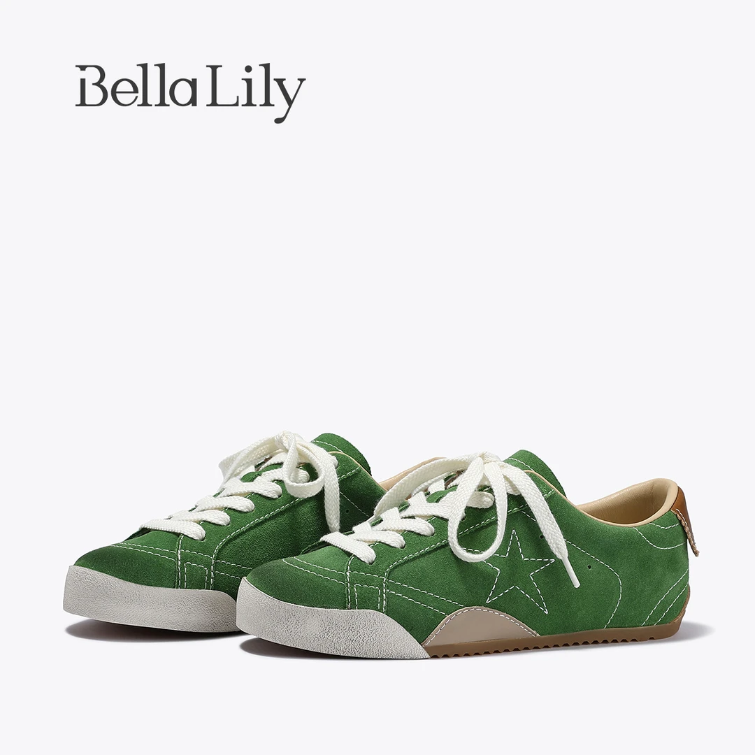 BellaLily2025夏季新款森系绿色德训鞋女星星做旧小脏鞋休闲板鞋