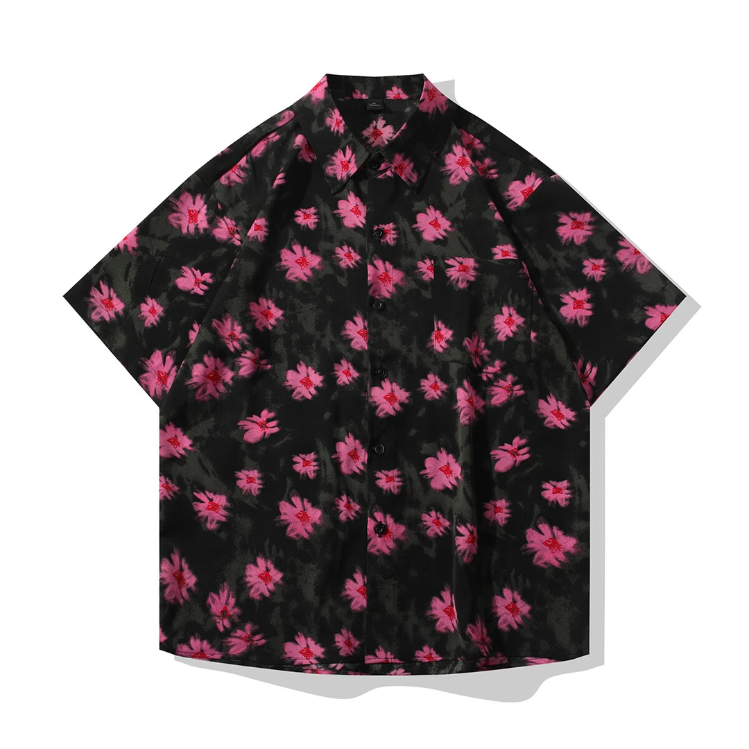 【冰丝上新】碎花印花夏季男短袖复古衬衫潮流日系宽松休闲情侣时尚