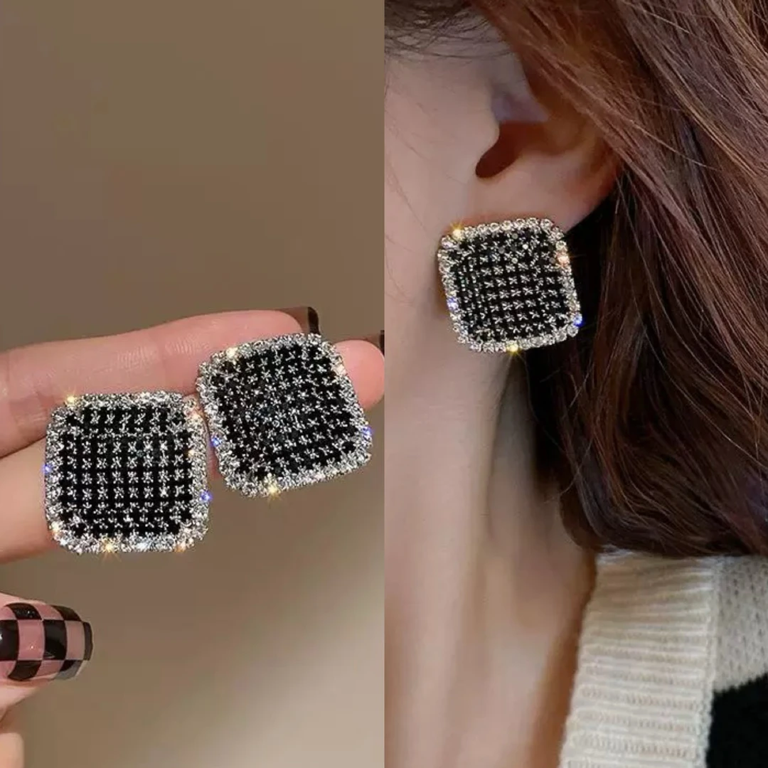 铜合金耳饰 千鸟格气质高级感几何简约百搭满钻耳钉耳饰女8722