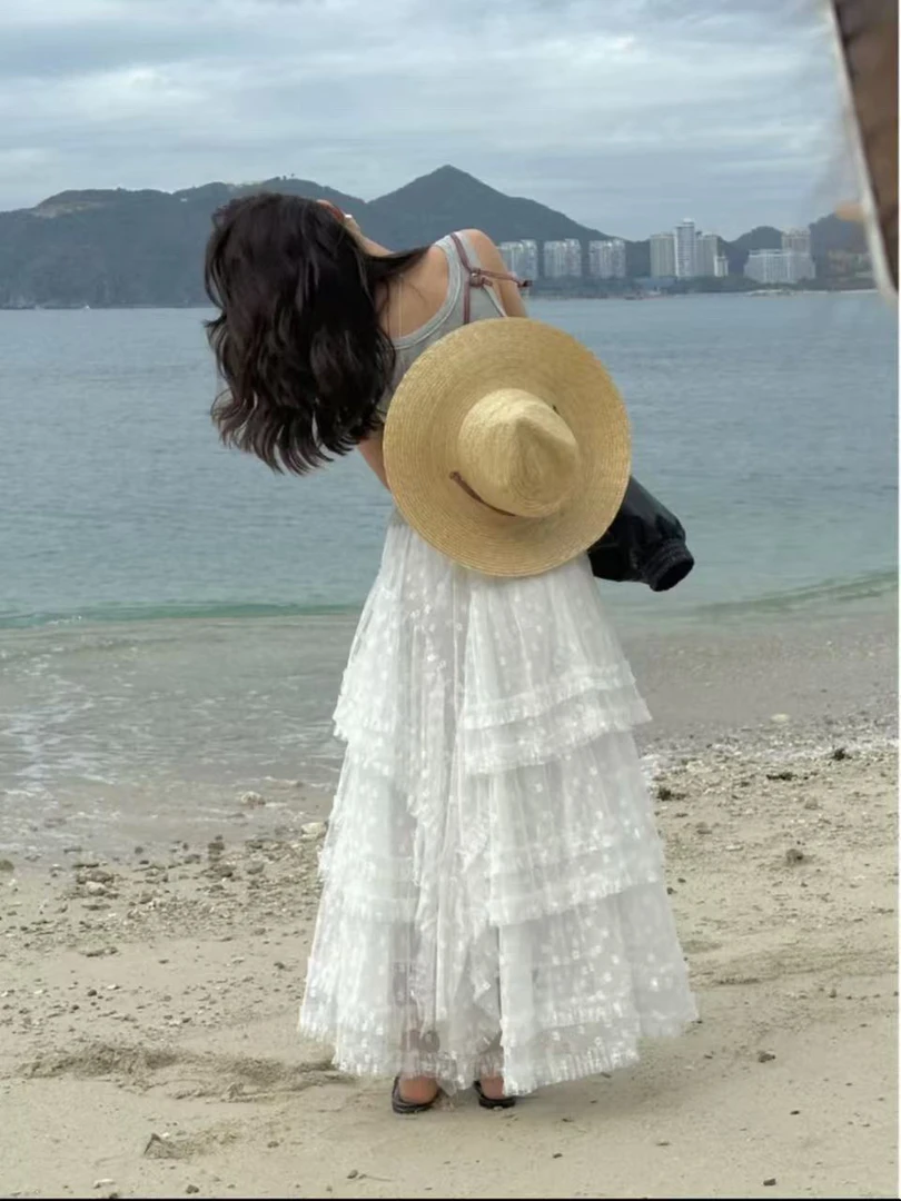 法式白色网纱蛋糕裙子蕾丝半身裙女春季新款高腰显瘦大裙摆a字裙