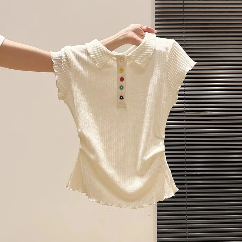 韩系polo领马卡龙色系纽扣短袖t恤女夏季2025新款爆款木耳边上衣